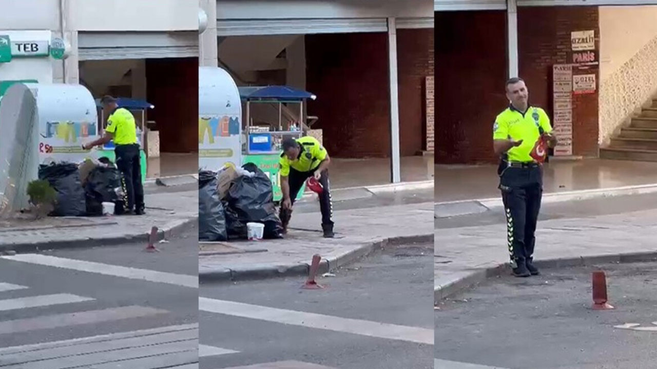 Polisten alkışlanan hareket: Çöpte bulduğu Türk bayrağını çıkartıp temizledi